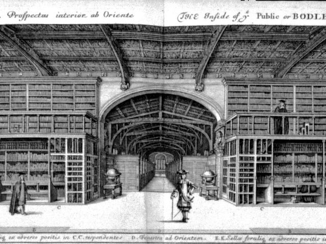 Engraving of Duke Humfrey’s Library, Bodleian, Oxford (1675).